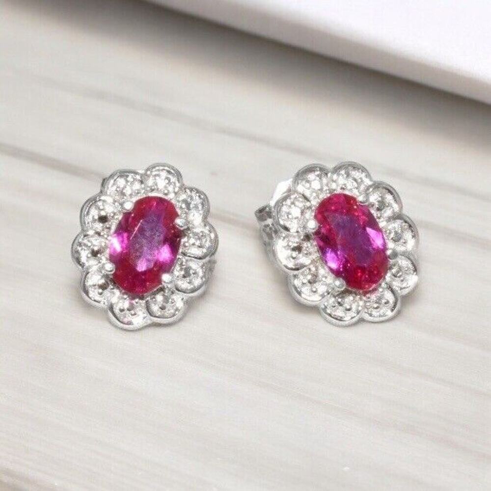 Oval Created Ruby Stud Earrings 925 Sterling Silver Flower Shape